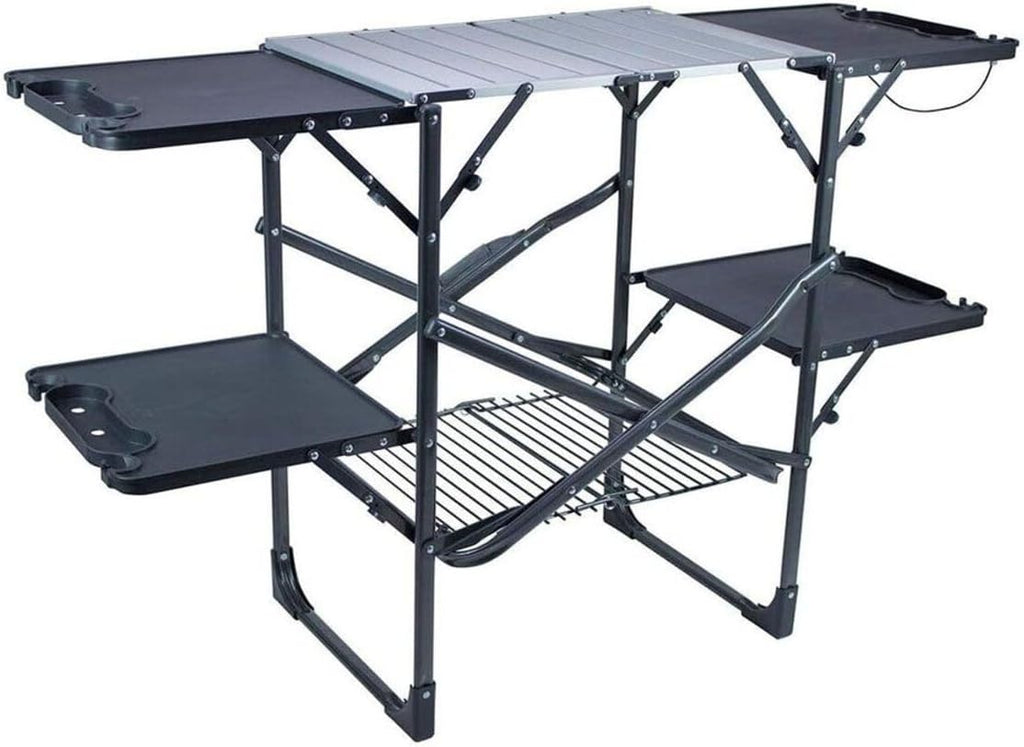 GCI OUTDOOR Slim-Fold Cook Station | Portable Folding Kitchen Table with a Heat Resistant Tabletop, 4 Side Tables & Storage Rack, Perfect for Picnics & Camping Trips