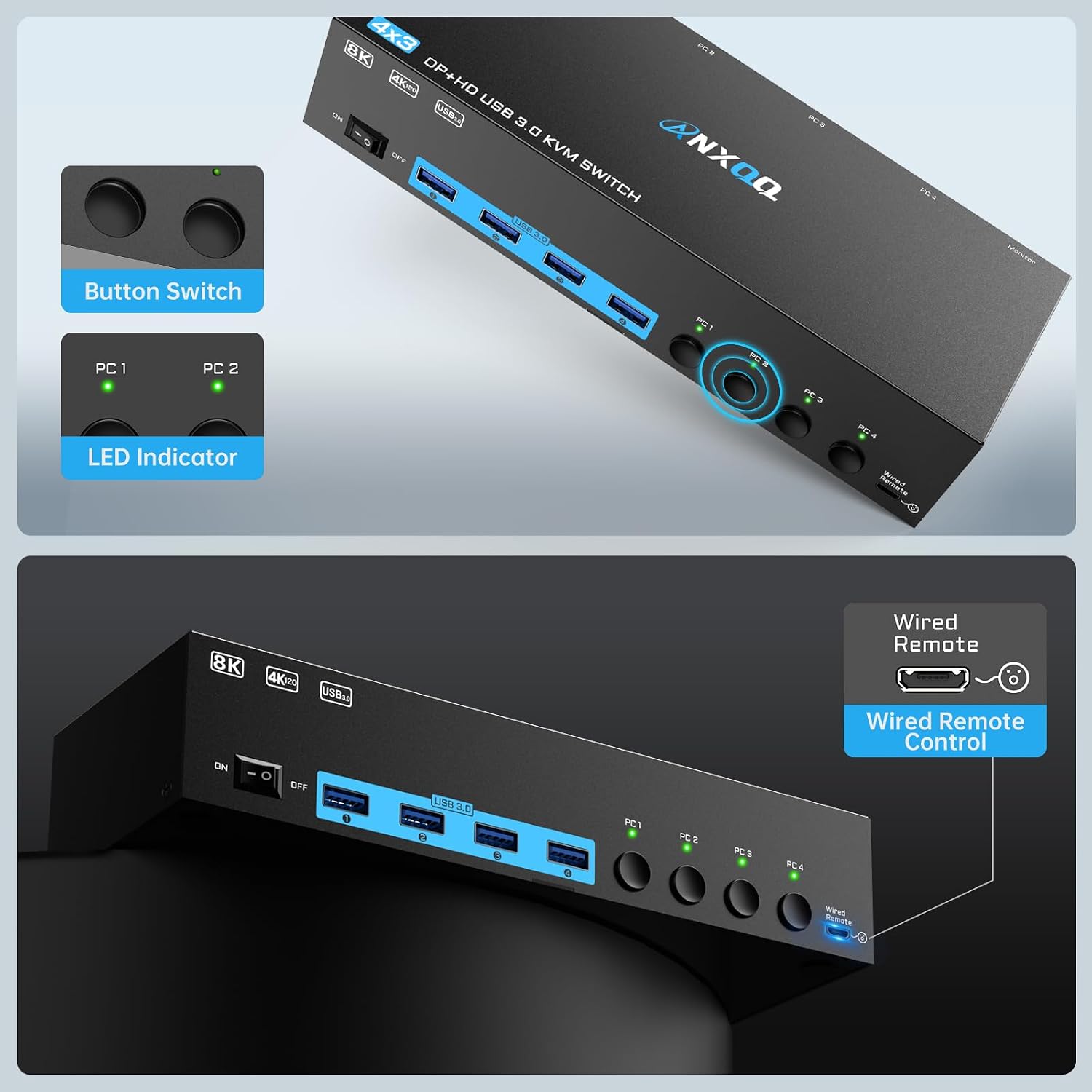8K@60Hz/4K@144Hz KVM Switch 4 Computers 3 Monitors, ANXQQ HDMI KVM Switch Displayport Share 4 USB 3.0 Devices, Support Mirror/Extended Mode, with 4 USB Cables, Wired Remote and Power Adapter