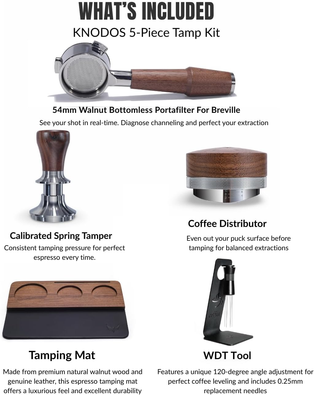 54mm Breville Accessories for Espresso Machine – Bottomless Portafilter, Calibrated Tamper, Distributor, WDT Tool, Tamping Station Fits Barista Express, Pro, Touch, Bambino, Infuser, Duo Temp