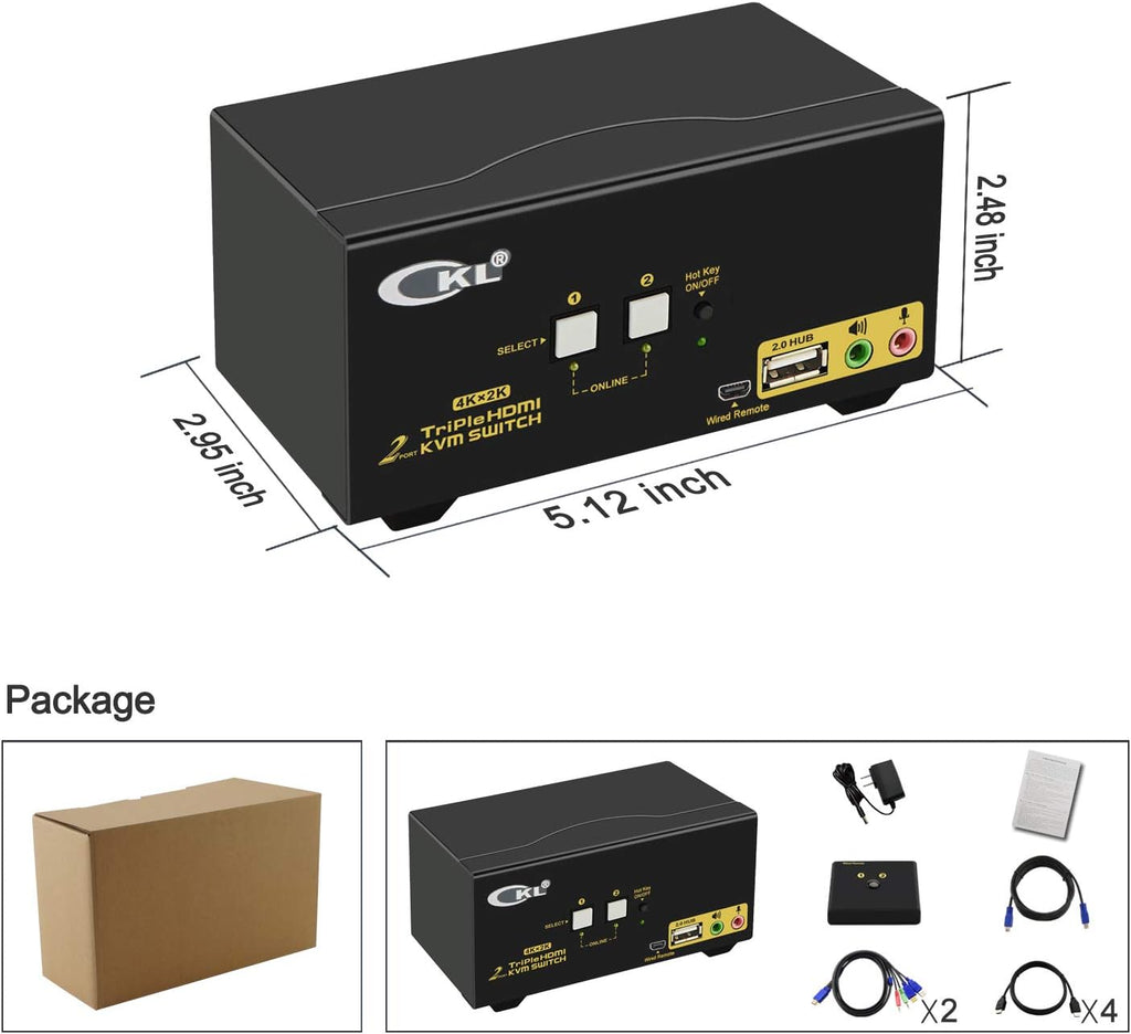 CKL Triple Monitor HDMI KVM Switch 2 Port with Audio and USB 2.0 HUB, PC Monitor Keyboard Mouse Switcher Box Mirrored or Extended Display 4K@30Hz for Computers and Laptops CKL-923HUA