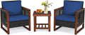 HAPPYGRILL 3 Pieces Outdoor Patio Furniture Set Wicker Chairs with Coffee Table, Balcony Porch Furniture Bistro Set with Acacia Wood Frame and Washable Cushions for Garden Poolside Backyard