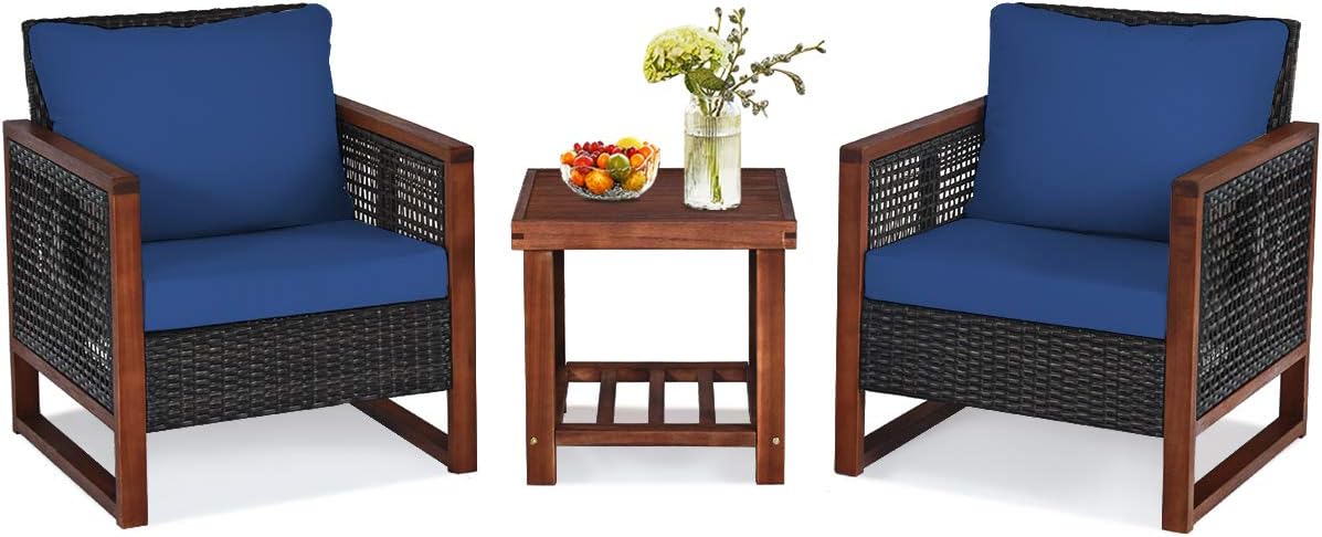 HAPPYGRILL 3 Pieces Outdoor Patio Furniture Set Wicker Chairs with Coffee Table, Balcony Porch Furniture Bistro Set with Acacia Wood Frame and Washable Cushions for Garden Poolside Backyard
