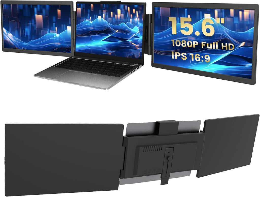 Azeyou 15.6' Triple Laptop Screen Extender - FHD 1080P Portable Monitor & Gaming Monitor, USB-C/HDMI Plug & Play Second External Monitor for 14'-17' Laptops, PC, Mac, Phone