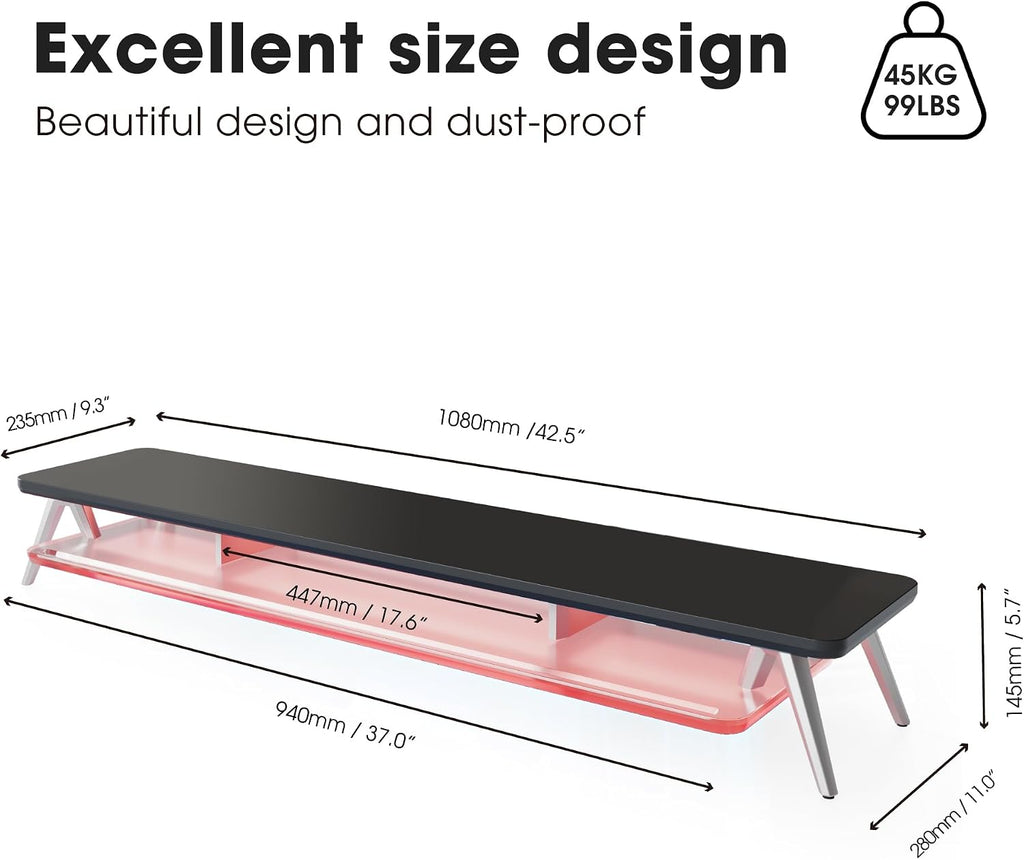 Fenge Dual Monitor Stand, 2 Tiers Acrylic Monitor Riser with LED Lights, 42.5 Inch Wood and Aluminum Desk Shelf with Phone and Tablet Holder