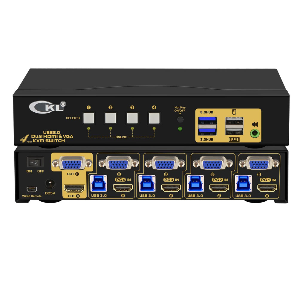 KVM Switch Dual Monitor 4K@60Hz HDMI + VGA for Home and Office to Console Desktops/Laptops, Support USB 3.0, Hot Key, Audio, Wireless Keyboard and Mouse (2 Monitors 4 Computers 942HV-3)
