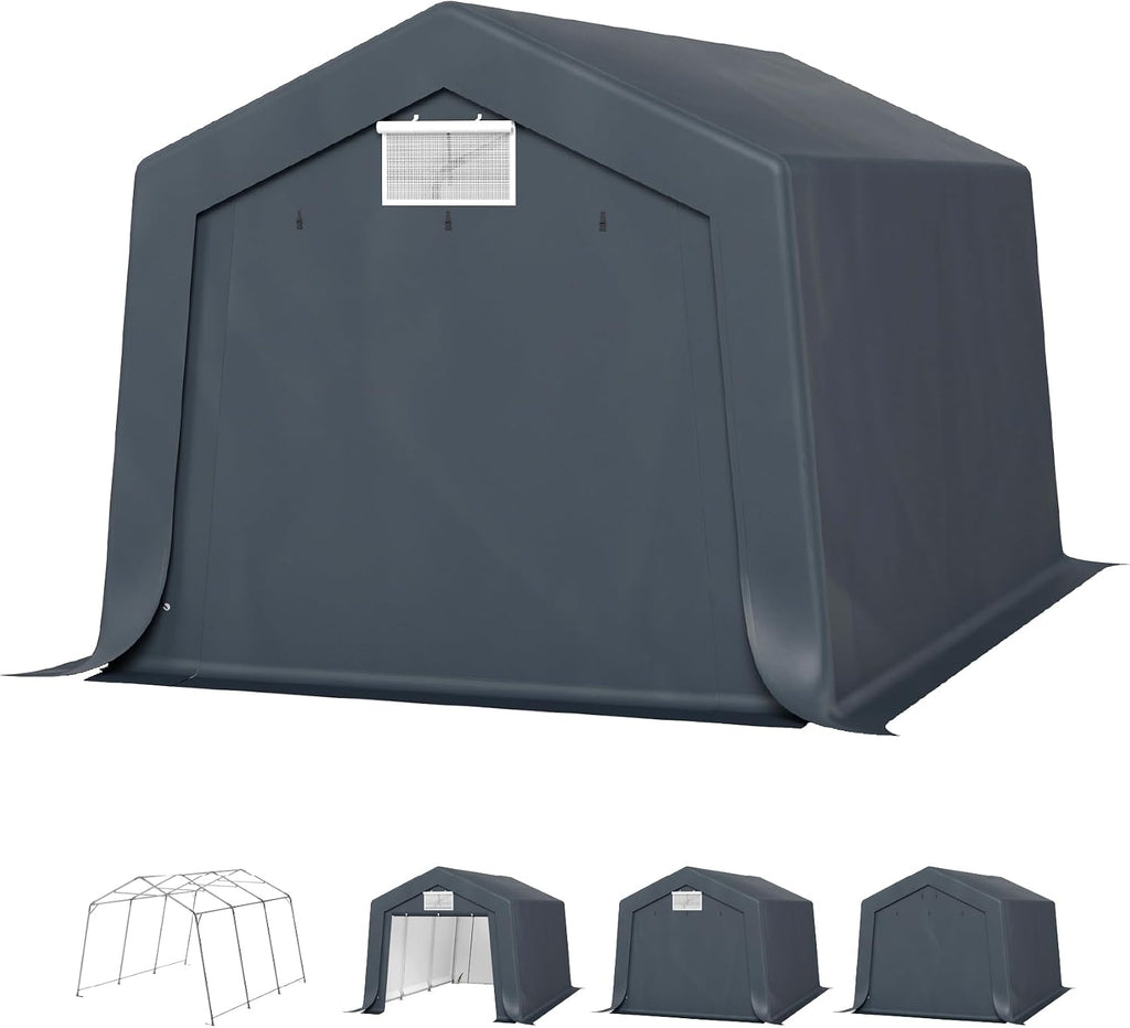 PHI VILLA 10X15ft Carport, Portable Carports Outdoor Storage Shelter Shed Garage Canopy with Roll up Zipper Doors & Vents Waterproof UV Resistant Garages Tent for Cars,Boats,Tools, Motorcycle, Gray