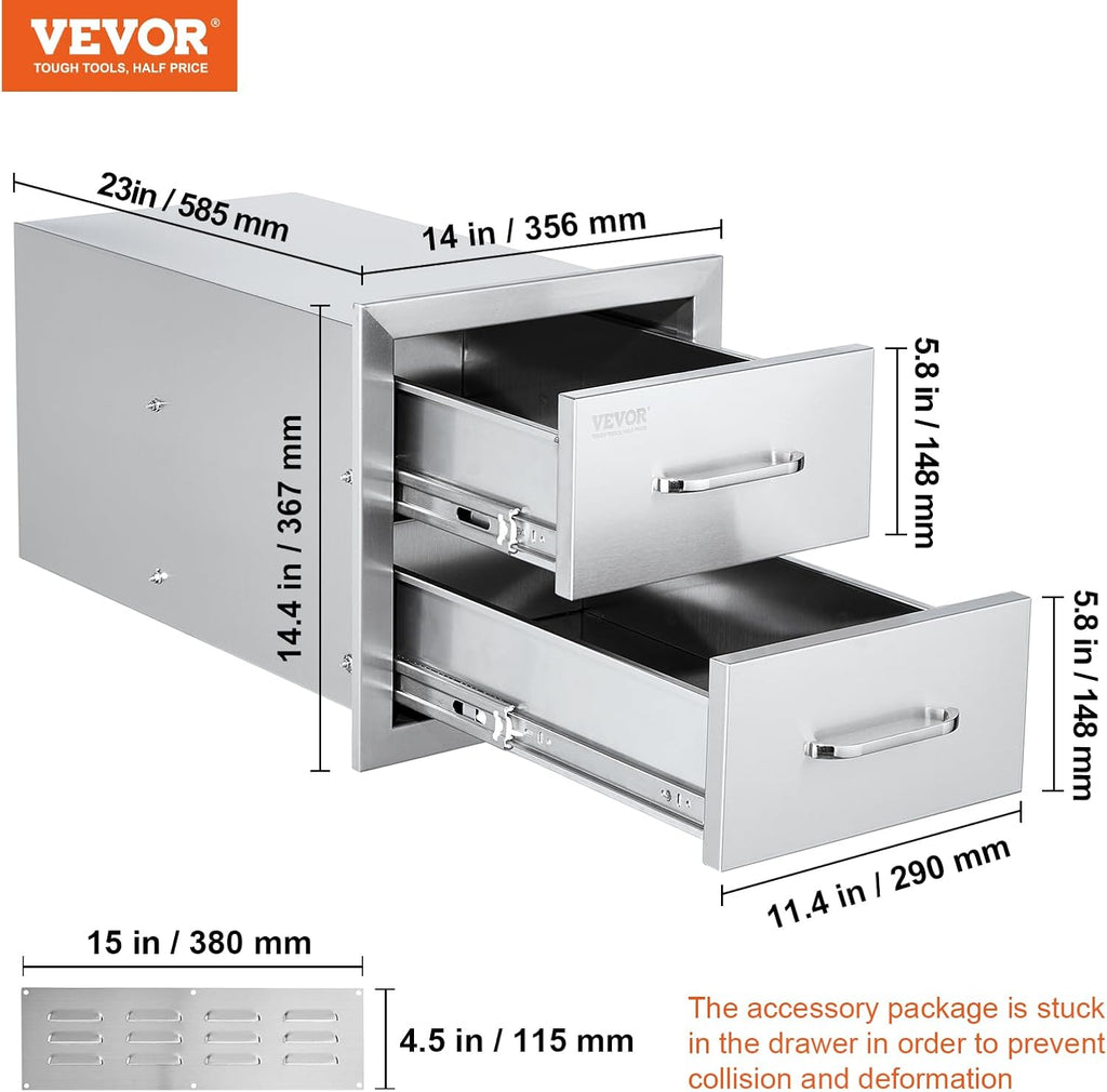 VEVOR Outdoor Kitchen Cabinets 14W x 14.3H x 23D Inch, BBQ Island Drawers Stainless Steel, Flush Mount Double with Handle, BBQ Island for Outdoor Kitchens or Grill Station