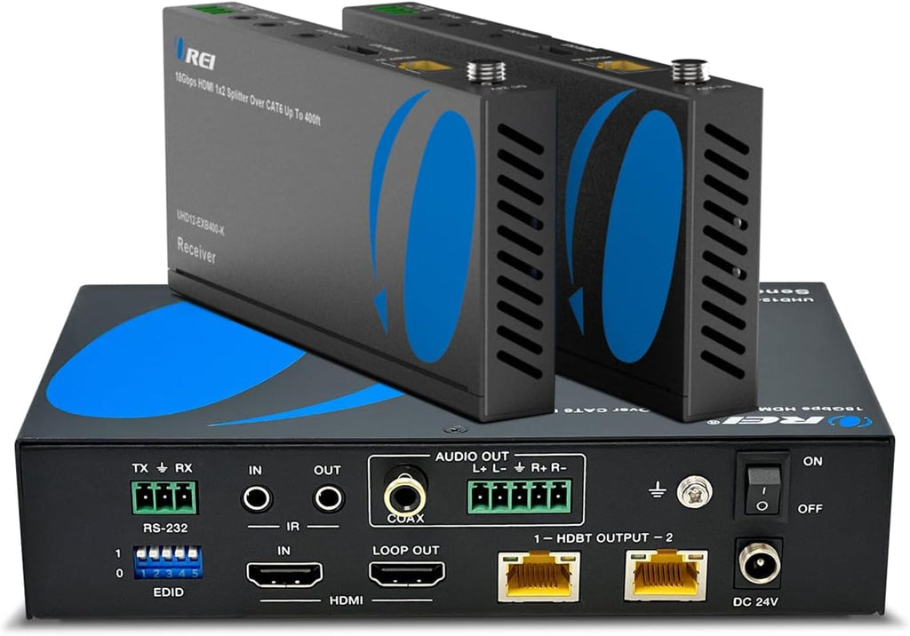 OREI 4K 1x2 HDMI Extender Splitter HDBaseT Over Single Cable CAT6/7 4K@60Hz 4:4:4 HDCP 2.2 with IR Remote EDID Management, HDR - Up to 400 Ft - Loop Out - Low Latency - Power Over Cable