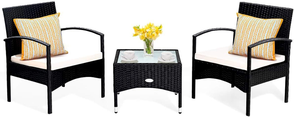 HAPPYGRILL 3PCS Patio Furniture Set Rattan Wicker Bistro Set with Glass Coffee Table & Soft Cushions for Balcony Garden Poolside