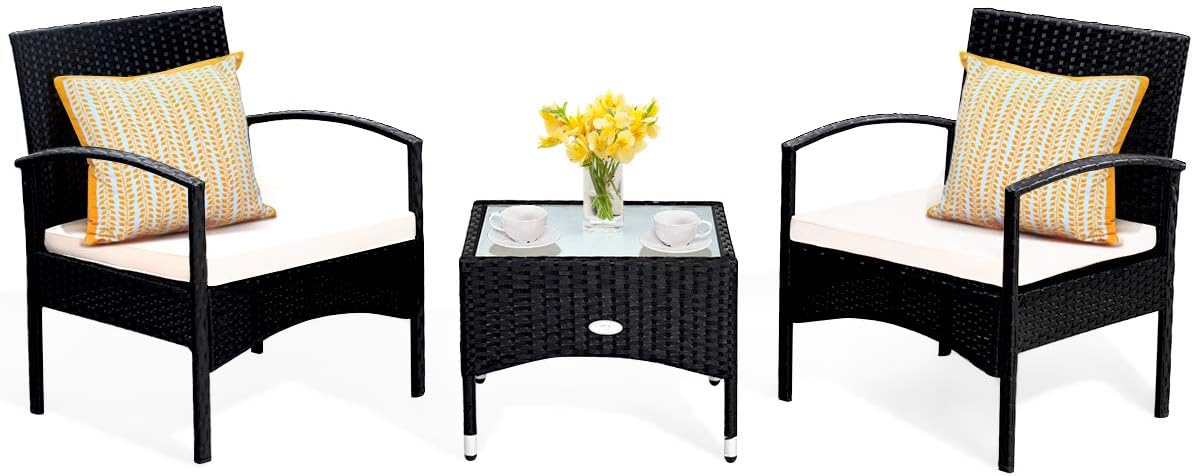 HAPPYGRILL 3PCS Patio Furniture Set Rattan Wicker Bistro Set with Glass Coffee Table & Soft Cushions for Balcony Garden Poolside