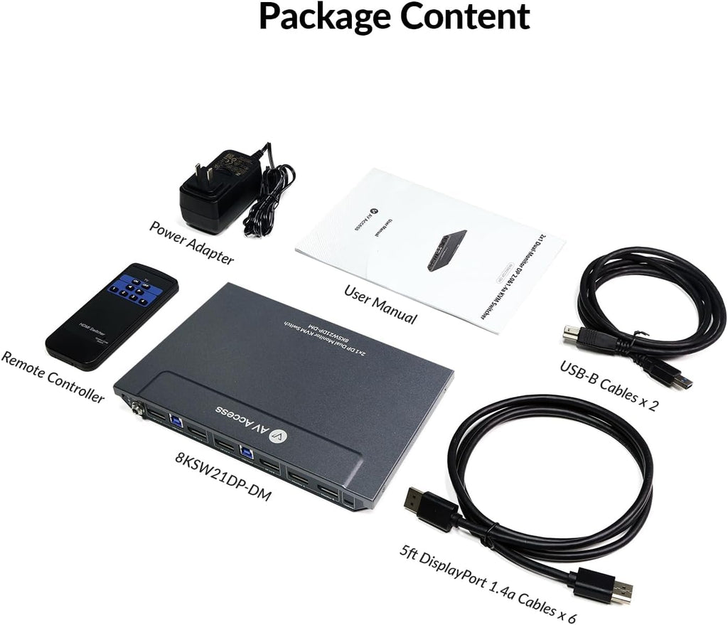 AV Access 8K KVM Switch 2 Monitors 2 Computers DisplayPort 8K@60Hz 4K@165hz/144hz, DP KVM Switch Dual Monitors with USB 3.0 Ports, Audio, Fast Hotkey or IR Remote Switch, with 6 DP Cables