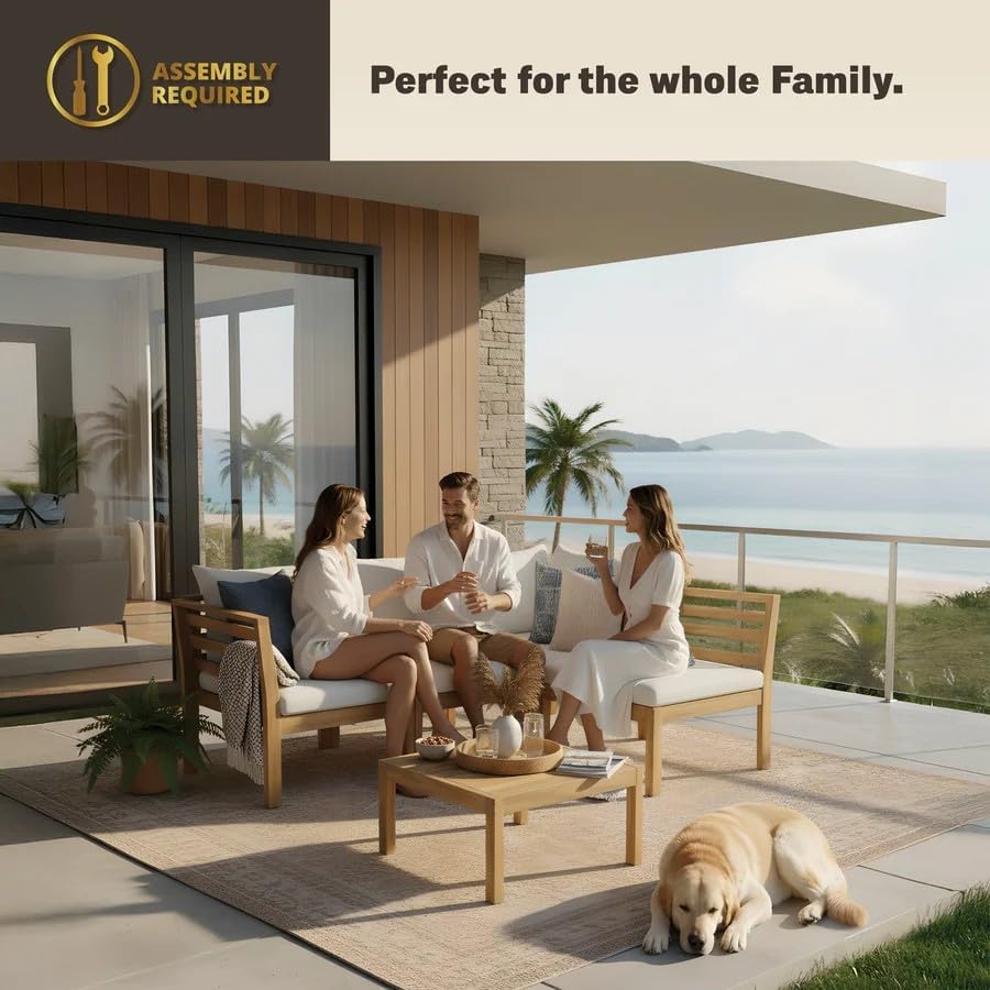 5-Piece Acacia Wood Outdoor Furniture Set, All-Weather Conversational Chat Set with Thick Water-Resistant Cushions, Modern Space-Saving Patio Sofa for Small Balcony, Deck & Backyard, Natural