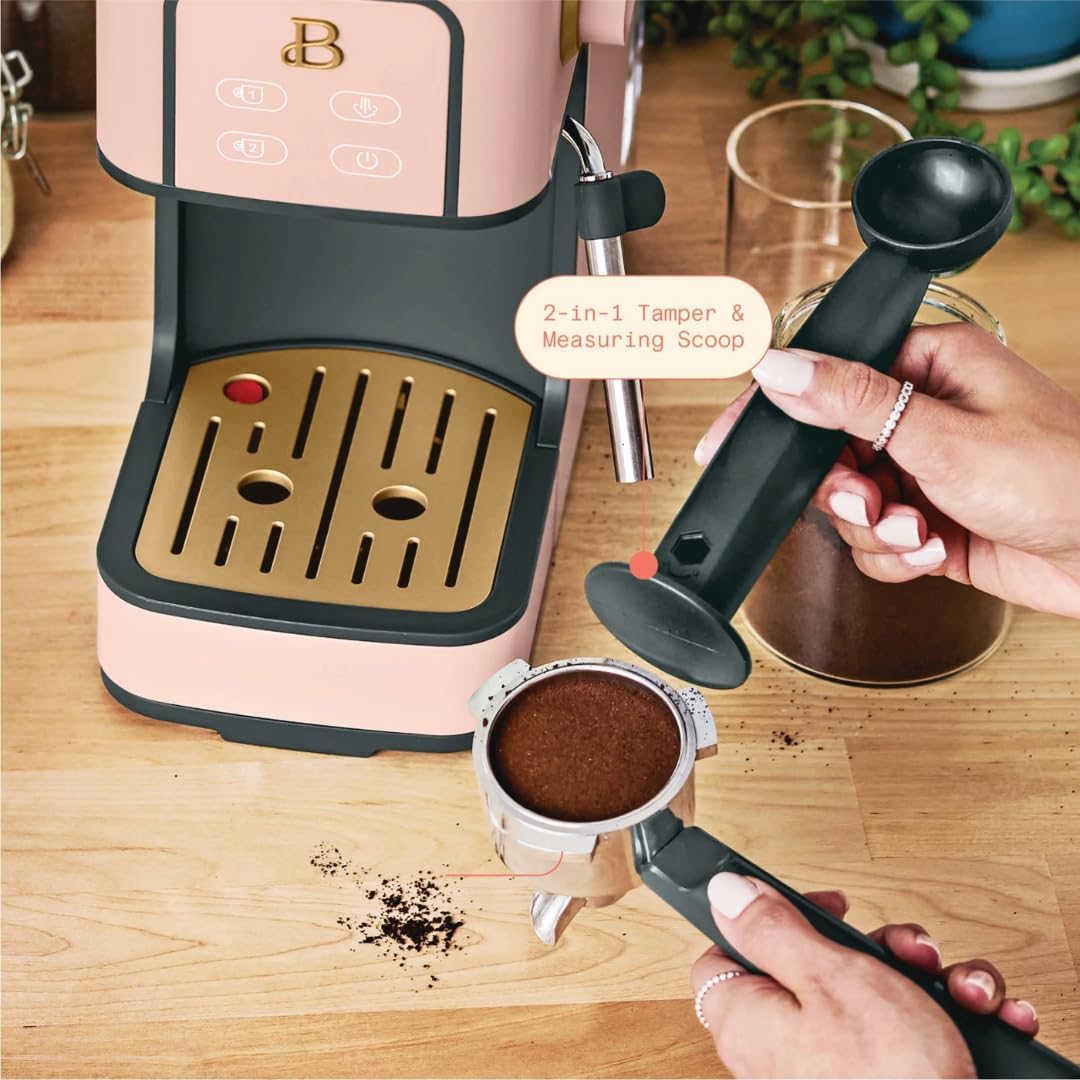 Slim Espresso Maker – 20‑Bar Pressure, Dual‑Spout 52 mm Portafilter, 50 oz Removable Tank, 2‑in‑1 Steam Wand & Touch Controls (Rose)