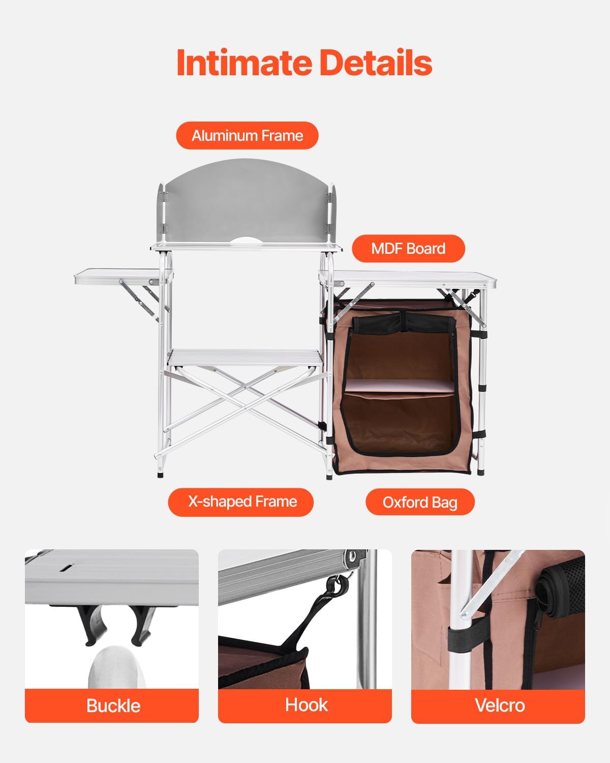 VEVOR Camping Kitchen Table, Folding Outdoor Cooking Table with Storage Carrying Bag, Aluminum Cook Station 1 Cupboard & Detachable Windscreen, Quick Set-up for Picnics, BBQ, RV Traveling, Brown