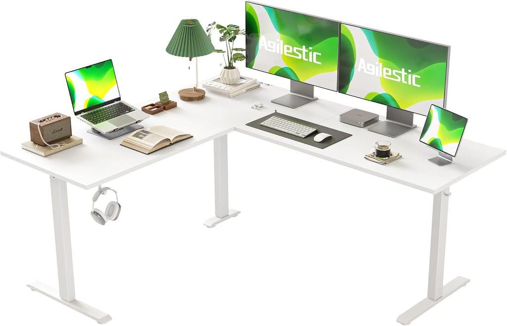 Agilestic L Shaped Standing Desk 63 x 55 inch Adjustable Height, Electric Corner Standing Desk, Sit Stand Computer Table with Splice Board, White