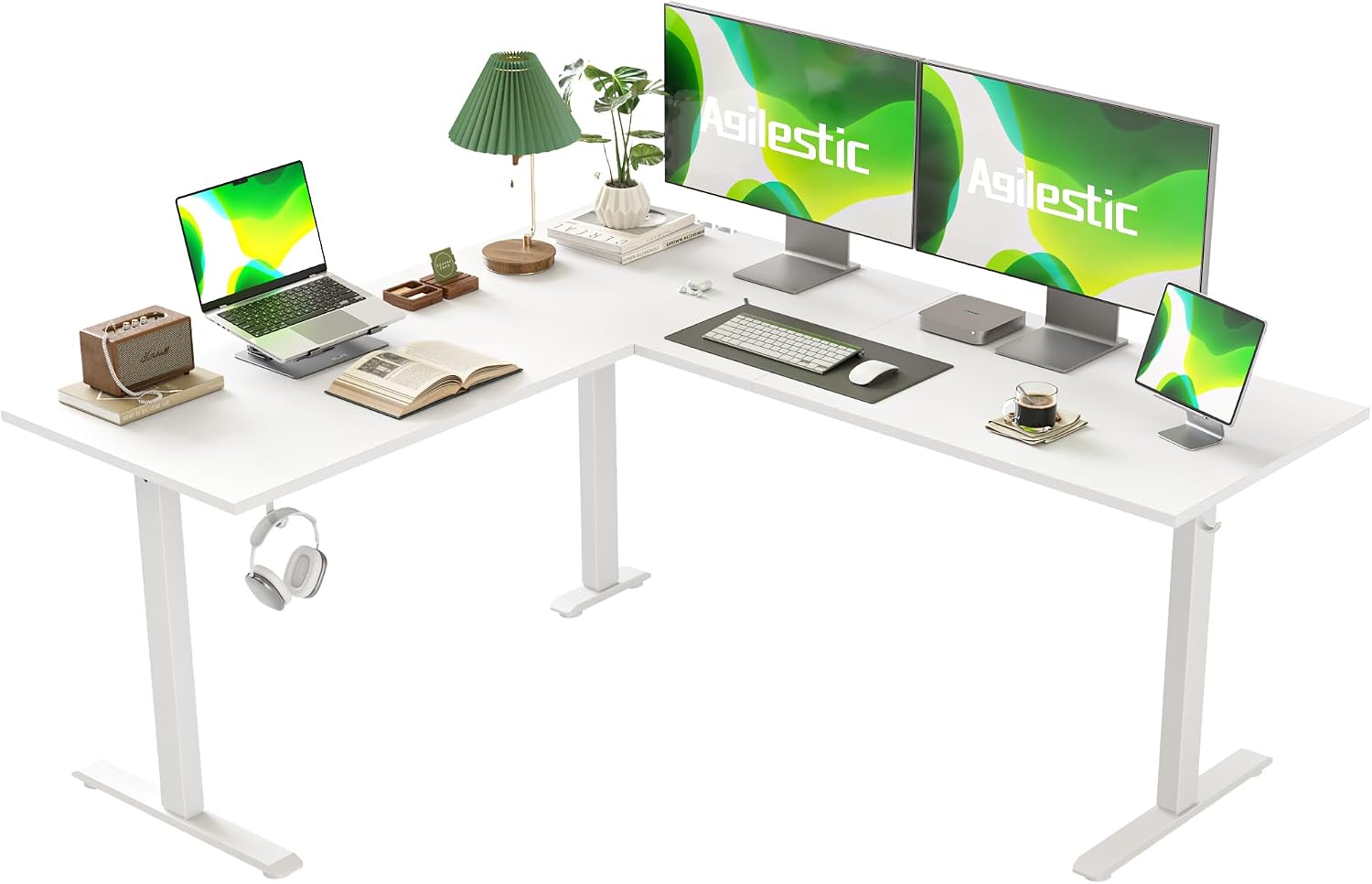 Agilestic L Shaped Standing Desk 63 x 55 inch Adjustable Height, Electric Corner Standing Desk, Sit Stand Computer Table with Splice Board, White