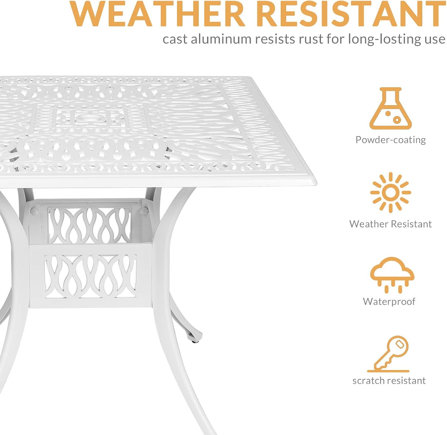 5-Piece Outdoor Patio Dining Set, All-Weather Cast Aluminum Patio Furniture Set for Backyard Garden Deck with 4 Chairs, 4 Cushions and 35.4' Square Table, 2.2' Umbrella Hole, White