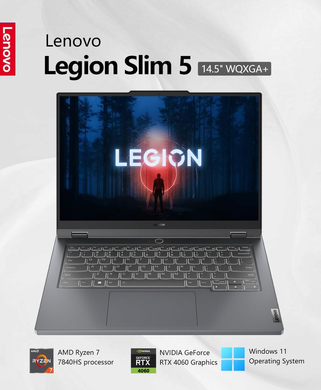 Lenovo Legion Slim 5 14.5' 120Hz WQXGA+ IPS Gaming Laptop, AMD Ryzen 7 7840HS(8-core), NVIDIA GeForce RTX 4060, 16GB RAM, 1TB SSD, Wi-Fi 6, White Backlit, Win11, Storm Gray, W/GaLiMu