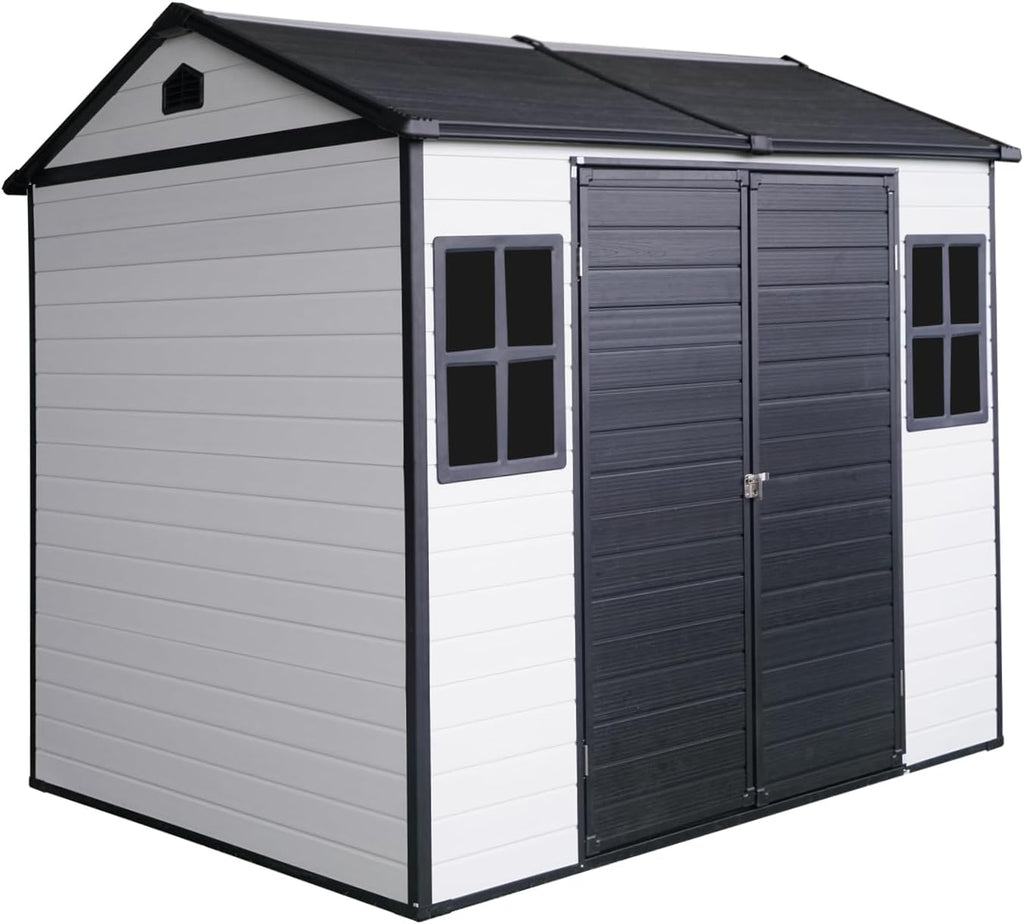 Ball & Cast 8x6 FT Resin Outdoor Storage Shed,Waterproof Garden Organizer Tool House with Floor & Two Windows,Backyard Cabinet w/Lockable Door and 2 Ventilation,Shelter for Car,Lawnmower,Grey+White