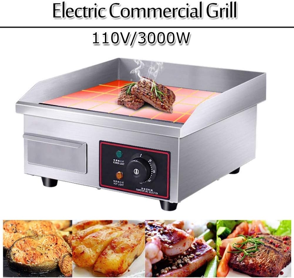 Electric Grill, Stainless Steel Commercial Counter Top Griddle Electric Hot Plate Kitchen Grill Indoor Barbecue Griddle, 55 x 45 x 23cm, 220~240V
