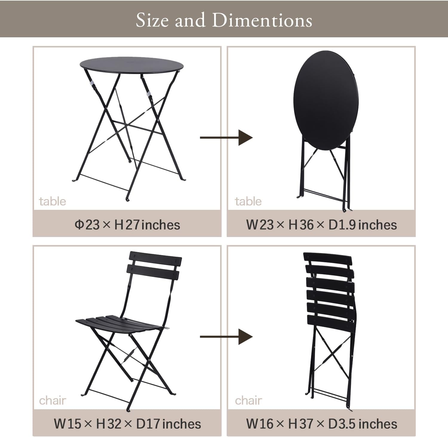 Indoor/Outdoor 3-Piece Foldable Bistro Set, Folding Outdoor Patio Furniture Sets, 2 Chairs and 1 Table, Weather-Resistant Outdoor/Indoor Conversation Set for Patio, Yellow, Black, US001