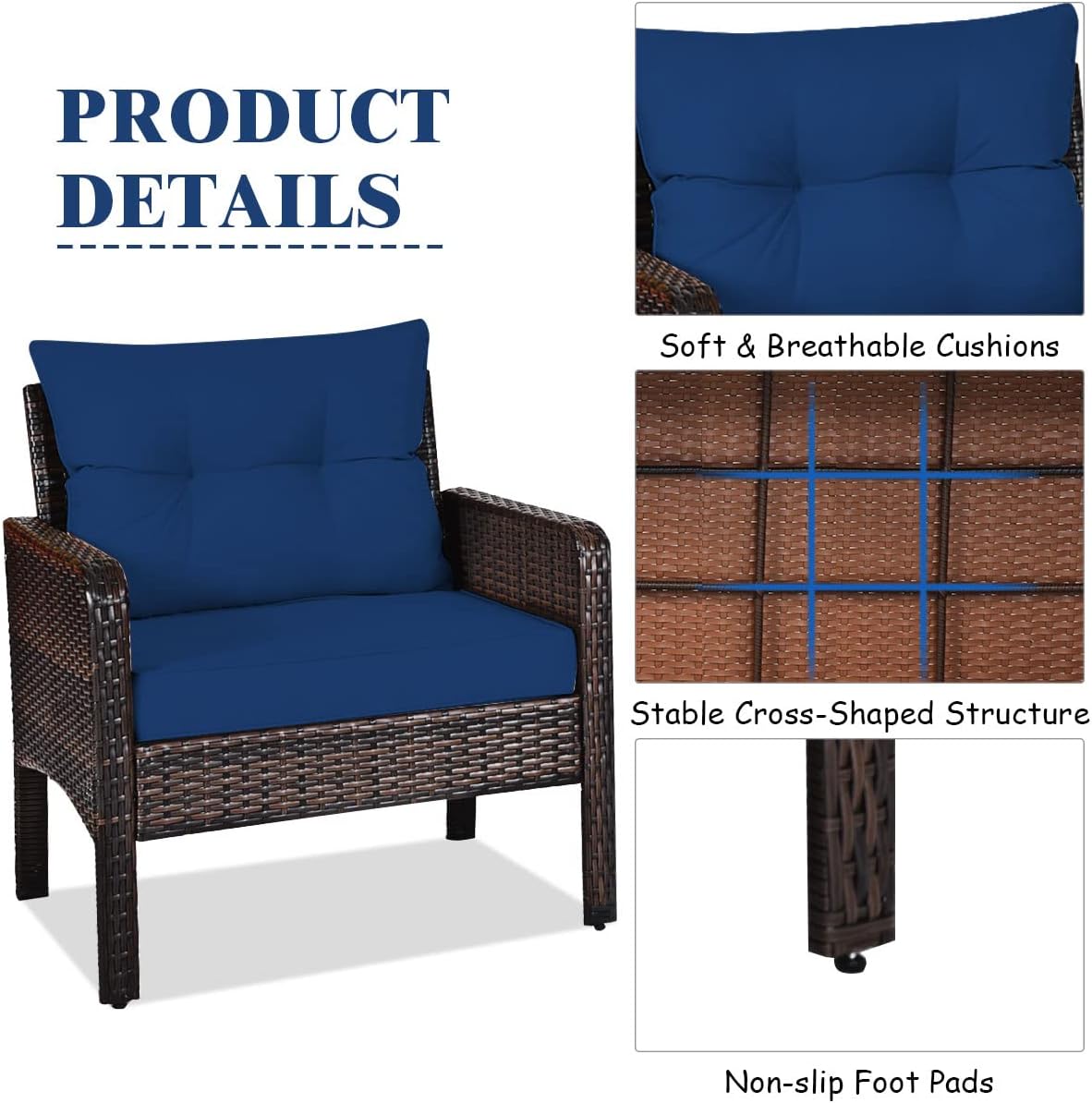 COSTWAY 3PCS Patio Furniture Set, Outdoor Wicker Cushioned Sofa Set with Coffee Table, All Weather Rattan Conversation Set for Garden Balcony Backyard Poolside Lawn, Navy