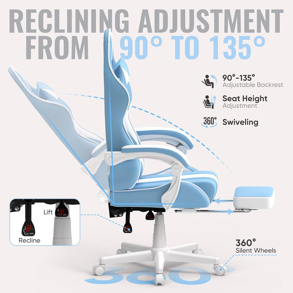 Ferghana Gaming Chairs, Ergonomic Racing Style PC Game Computer Chair with Headrest Lumbar Support Adjustable Recliner PU Leather Video Computer Chair(Light Blue)