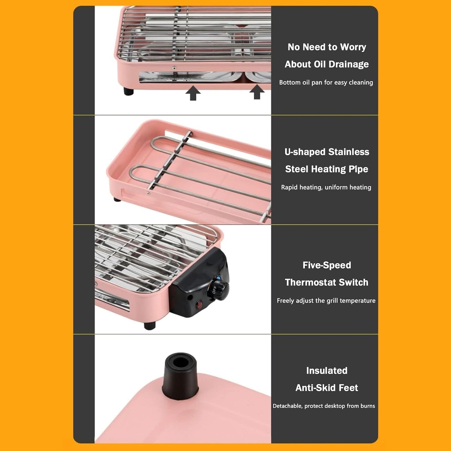 Smokeless Table Grill, Electric BBQ Grill 1500 W for Indoor Outdoor Use, Electric Table Top Griddle, Non-Stick Coating Grill Surface 42.5x20.5 cm, Removable Grease Tray, for Festival Party,Pink(Green)