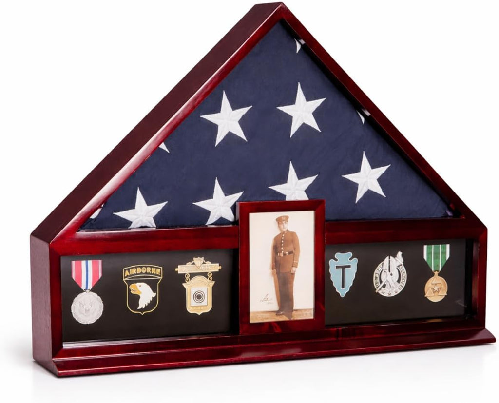 Bey-Berk Custom Personalized American Flag Display Case for 5' x 9.5' Burial Memorial Flag, Military Medal Shadow Box with Glass Front and 4'x 6' Picture Frame (Mahogany)