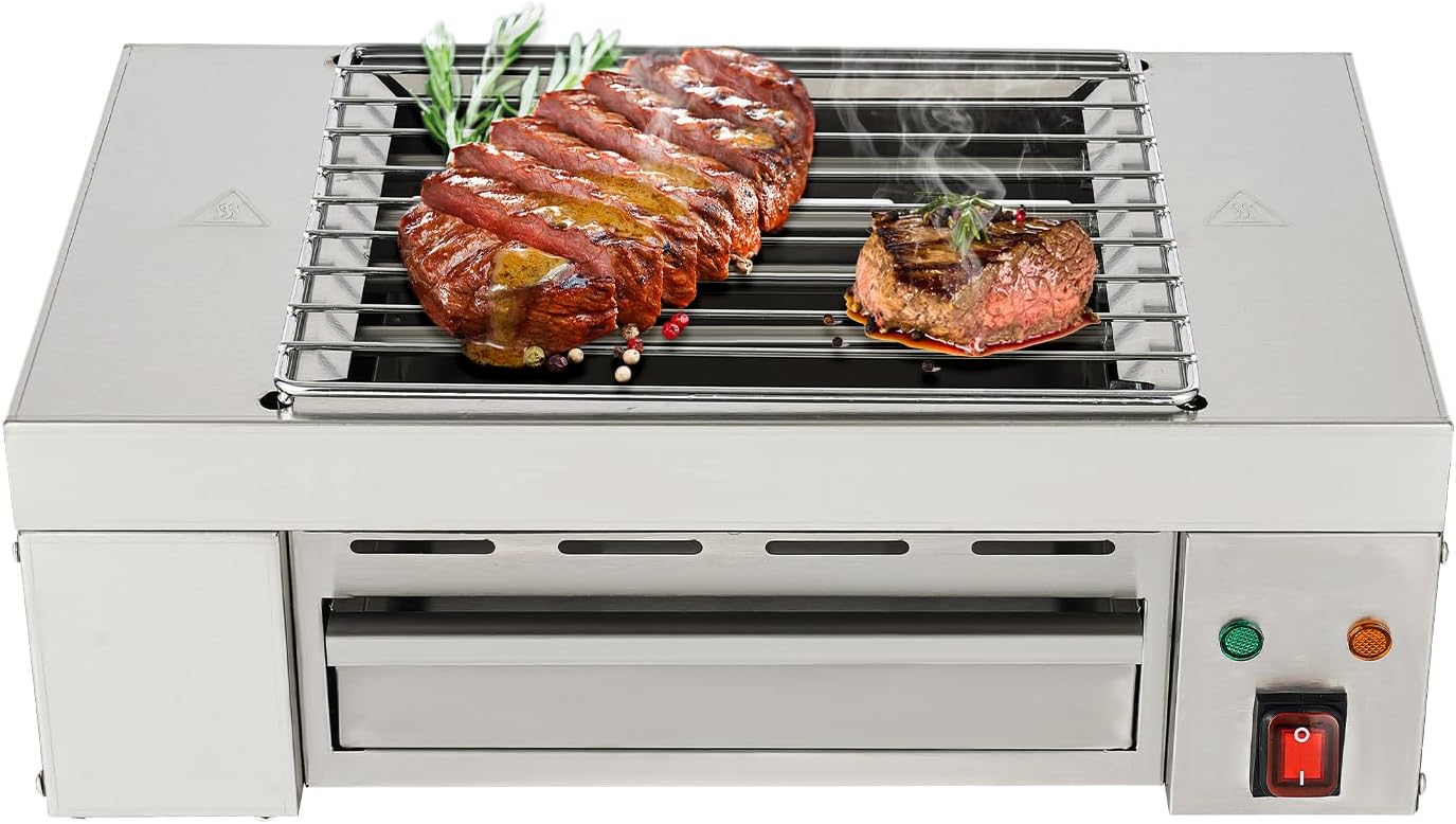 Electric Indoor Grill, 1500W Stainless Steel Commercial Countertop Grill with Removable Griddle Plates for Barbecue Party Buffet, 32-446℉ Temperature, L17.3*W10.2*H6.5in