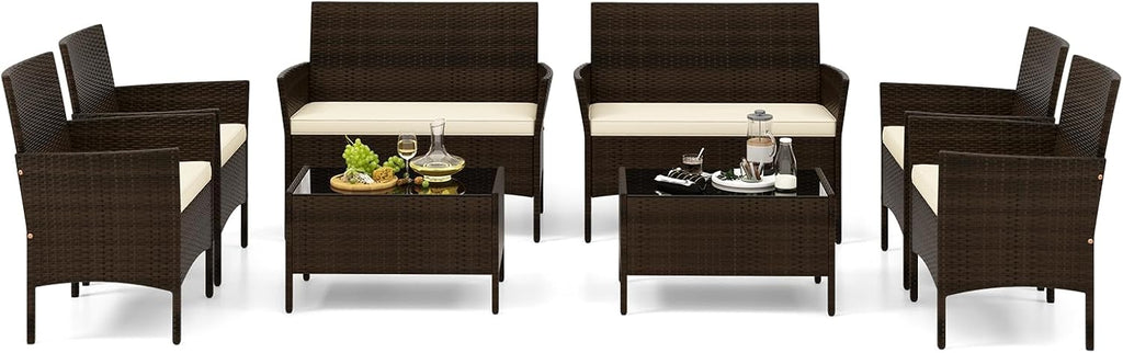 Tangkula 8 Piece Patio Rattan Conversation Set, Outdoor Wicker Furniture Set with Chair, Loveseat & Tempered Glass Table, Cozy Seat Cushions, Outside Sectional Sofa Set for Backyard, Porch (2, Beige)