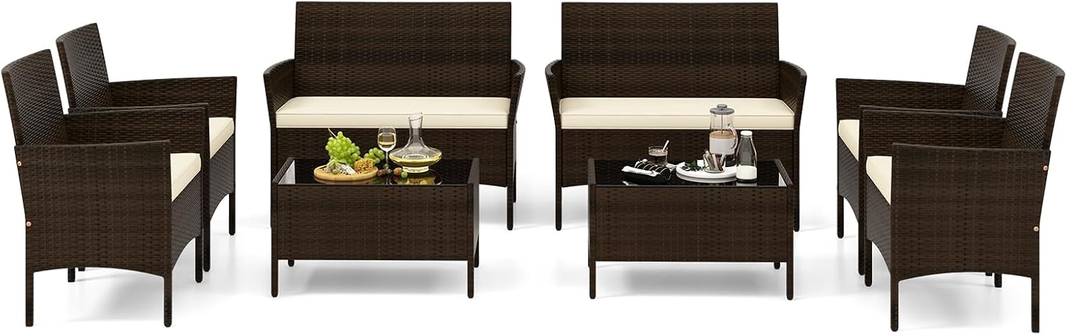 Tangkula 8 Piece Patio Rattan Conversation Set, Outdoor Wicker Furniture Set with Chair, Loveseat & Tempered Glass Table, Cozy Seat Cushions, Outside Sectional Sofa Set for Backyard, Porch (2, Beige)