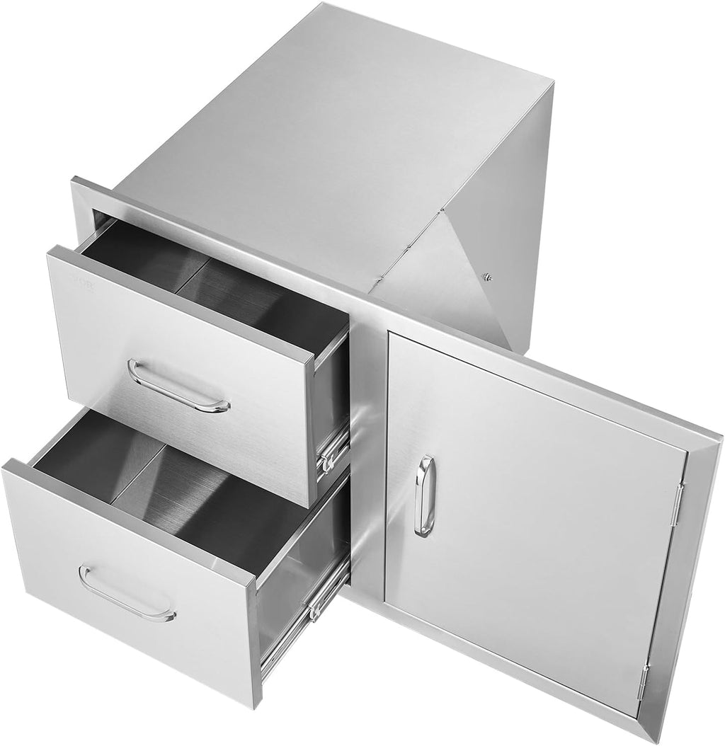 VEVOR Outdoor Kitchen Door Drawer Combo, 32.5'Wx21.7'Hx20.5'D, Access Door Double Drawers with Paper Towel Rack, BBQ Island Drawers with Stainless Steel Handles, 30.7'Wx20'Hx21'D Cutout Size