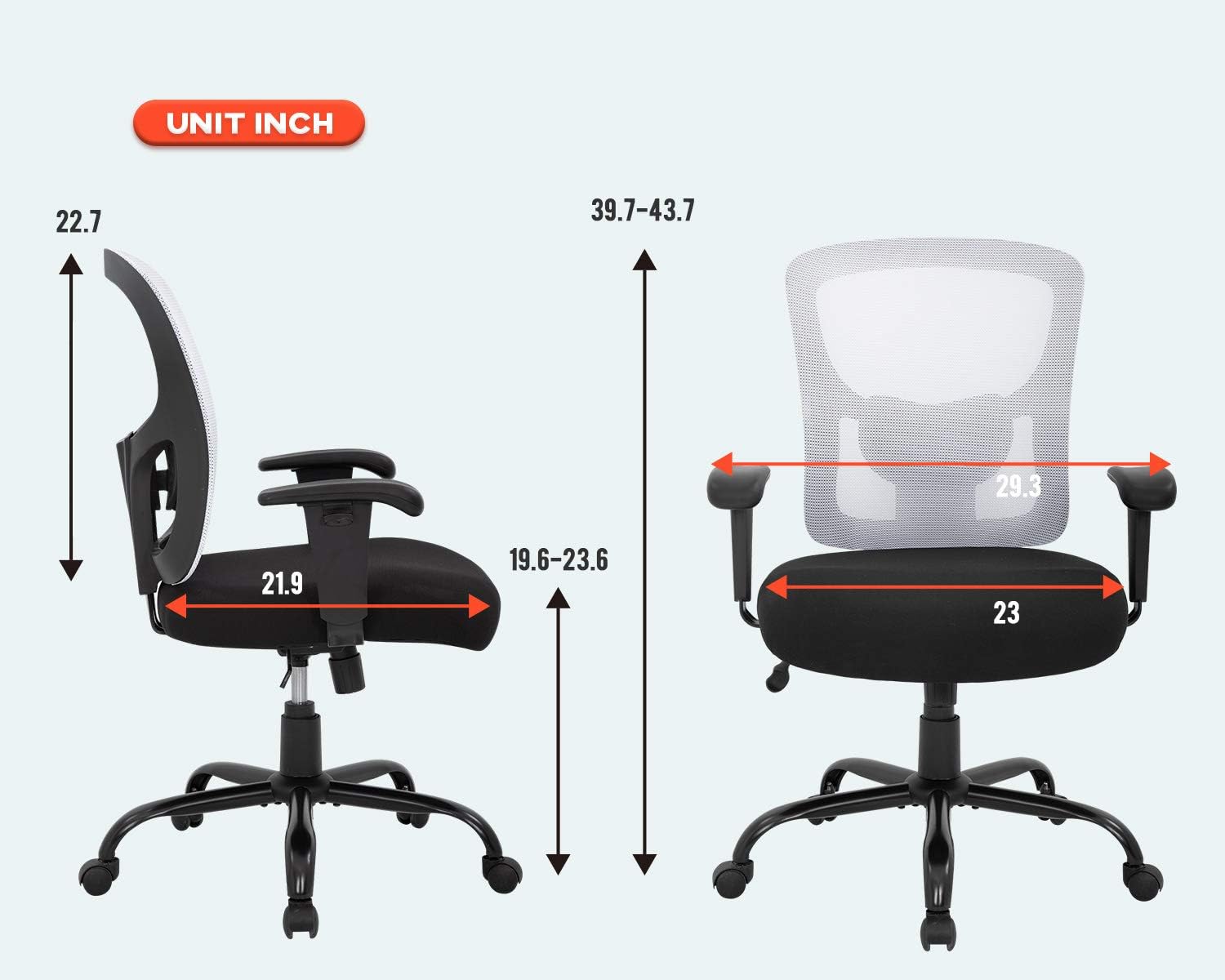 Big and Tall Office Chair 400lbs Desk Chair Mesh Computer Chair with Lumbar Support Wide Seat Adjust Arms Rolling Swivel High Back Task Executive Ergonomic Chair,White