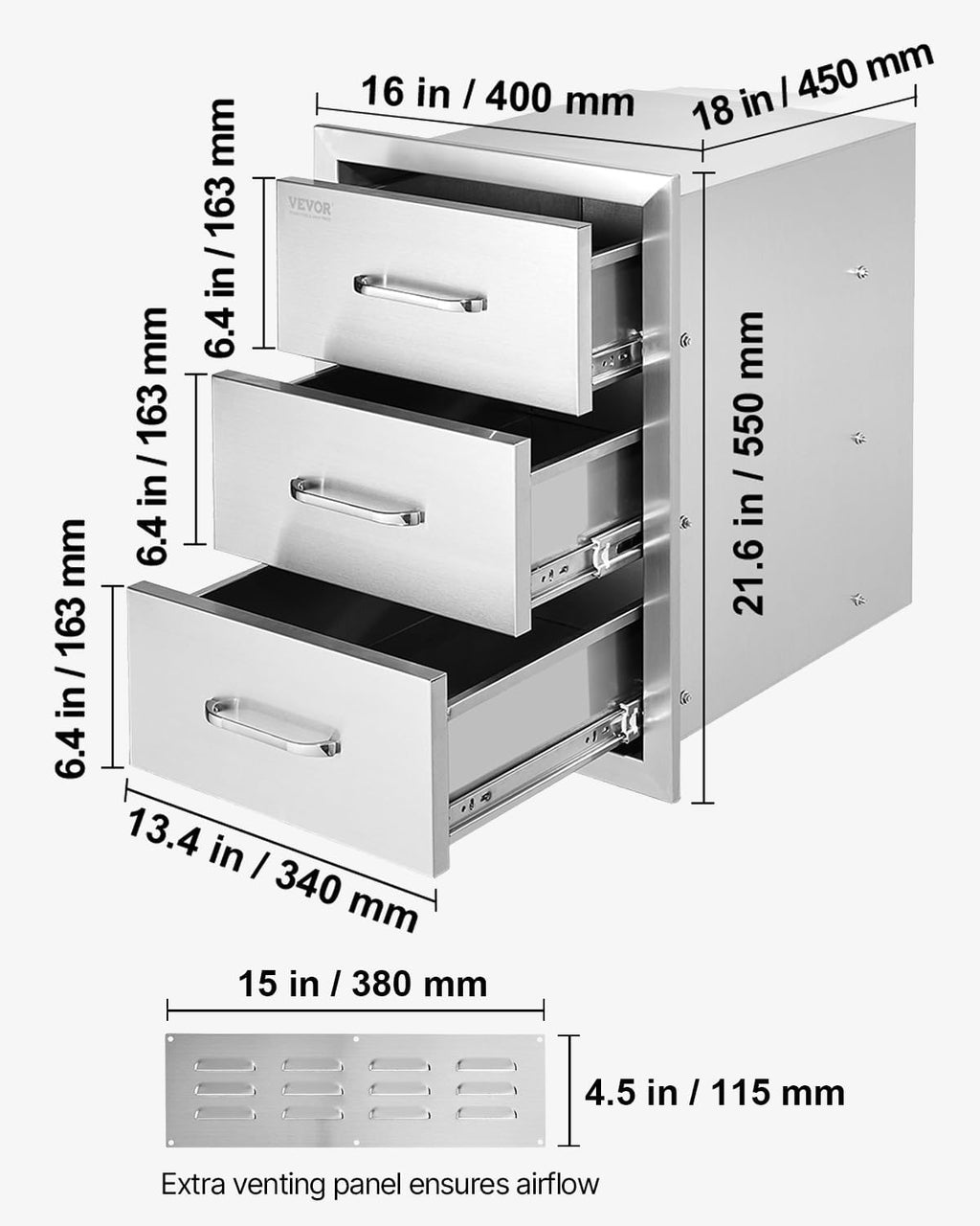 VEVOR Outdoor Kitchen Drawer 16' W x 21.5' H x 18' D, Outdoor Kitchen Cabinets, BBQ Drawer Stainless Steel, Flush Mount Triple Access, with Handle, BBQ Island, Outdoor Grill Patio Grill Station