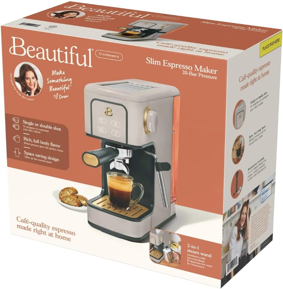 Slim Espresso Maker – 20‑Bar Pressure, Dual‑Spout 52 mm Portafilter, 50 oz Removable Tank, 2‑in‑1 Steam Wand & Touch Controls (Porcini Taupe)