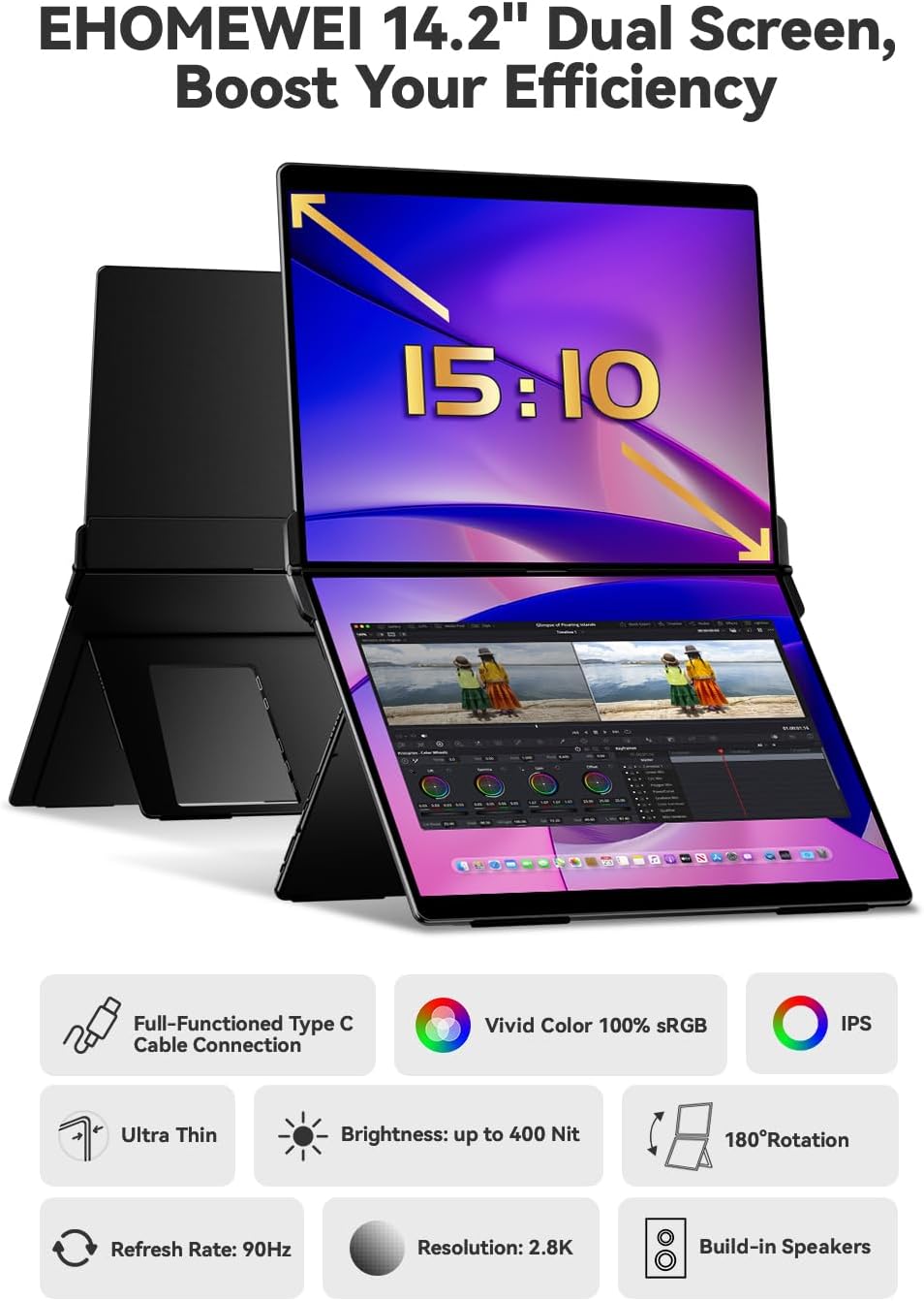 EHOMEWEI X1 Air, 14.2 Inch 90Hz Refresh Rate with 2.8K Display, Dual-Screen, 400 Nit Brightness, 100% sRGB, Portable Monitor for Gaming and Office Working