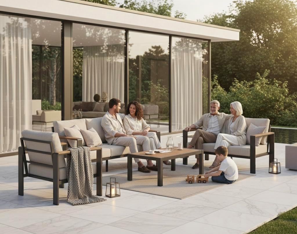 Aluminum Outdoor Patio Furniture Set with Coffee Table, 4 Piece Patio Conversation Sets with Washable Thick Cushions, Patio Sectional Furniture Set for Porch, Balcony, Deck, Yard, White
