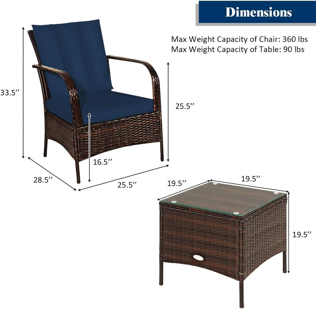 Tangkula 3 Piece Patio Furniture Set, 2 Wicker Chairs with Glass Top Coffee Table, Outdoor Garden Porch Poolside Furniture Set for 2, Rattan Conversation Set