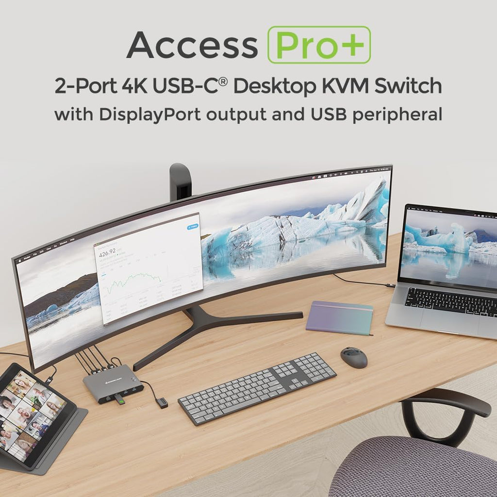 IOGEAR 2-Port 4K USB-C Desktop KVM with DISPLAYPORT Output and USB Peripheral