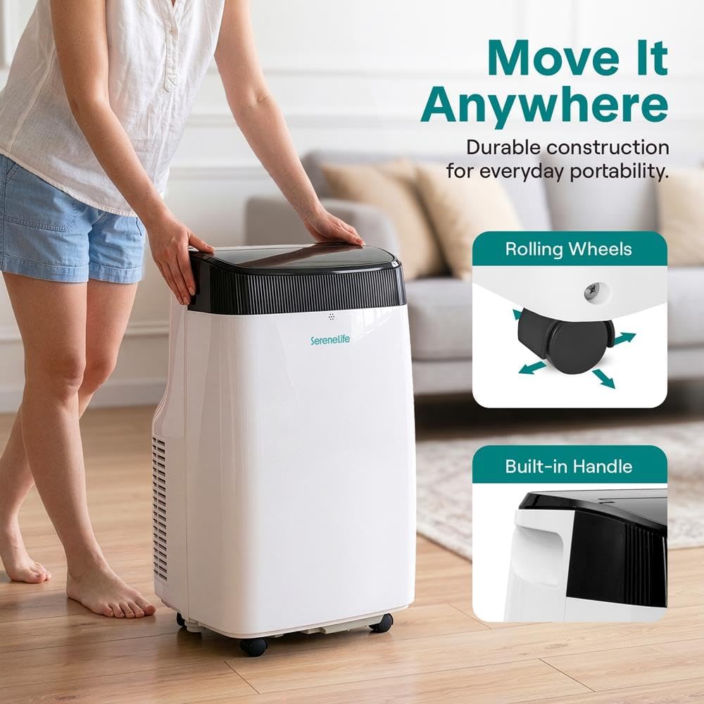 SereneLife Portable Air Conditioner, Dehumidifier & Fan | 3-in-1 8,000 BTU AC With Temperature Ranges 64°F–90°F & Cools 350 SQ FT | Includes 3 Fan Speeds, Remote Control, & Window Exhaust Kit | White