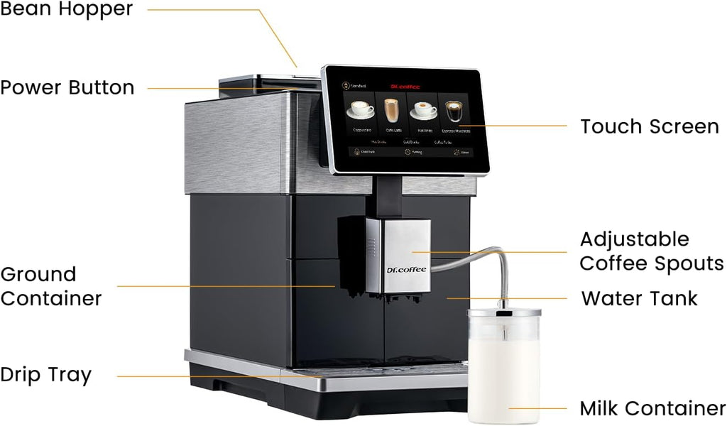 DR. COFFEE H3 Fully Automatic Espresso Machine with Milk Frother-15 Barista Drinks, Bean to Cup Coffee Machine, Auto-Clean Coffee Maker, 100% Ceramic Grinder for Home & Office