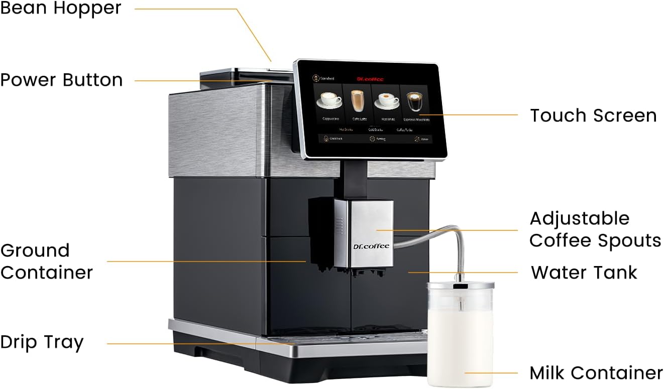 DR. COFFEE H3 Fully Automatic Espresso Machine with Milk Frother-15 Barista Drinks, Bean to Cup Coffee Machine, Auto-Clean Coffee Maker, 100% Ceramic Grinder for Home & Office