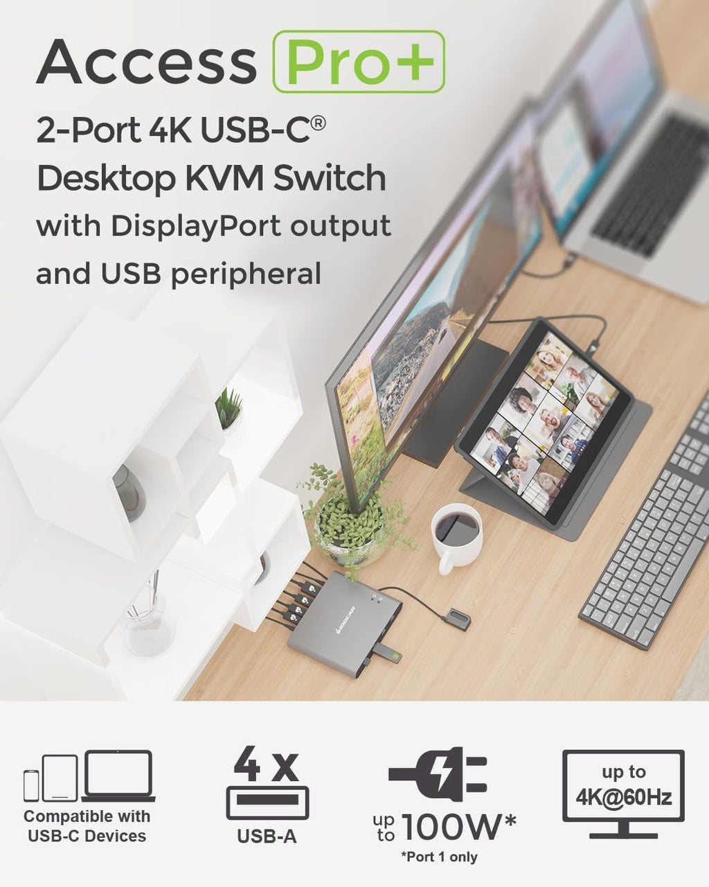 IOGEAR 2-Port 4K USB-C Desktop KVM with DISPLAYPORT Output and USB Peripheral