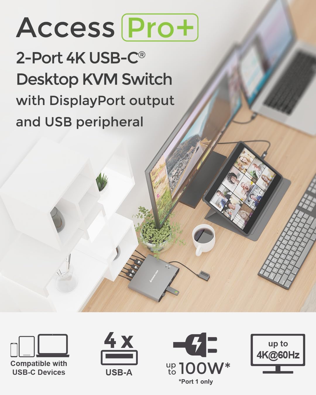 IOGEAR 2-Port 4K USB-C Desktop KVM with DISPLAYPORT Output and USB Peripheral