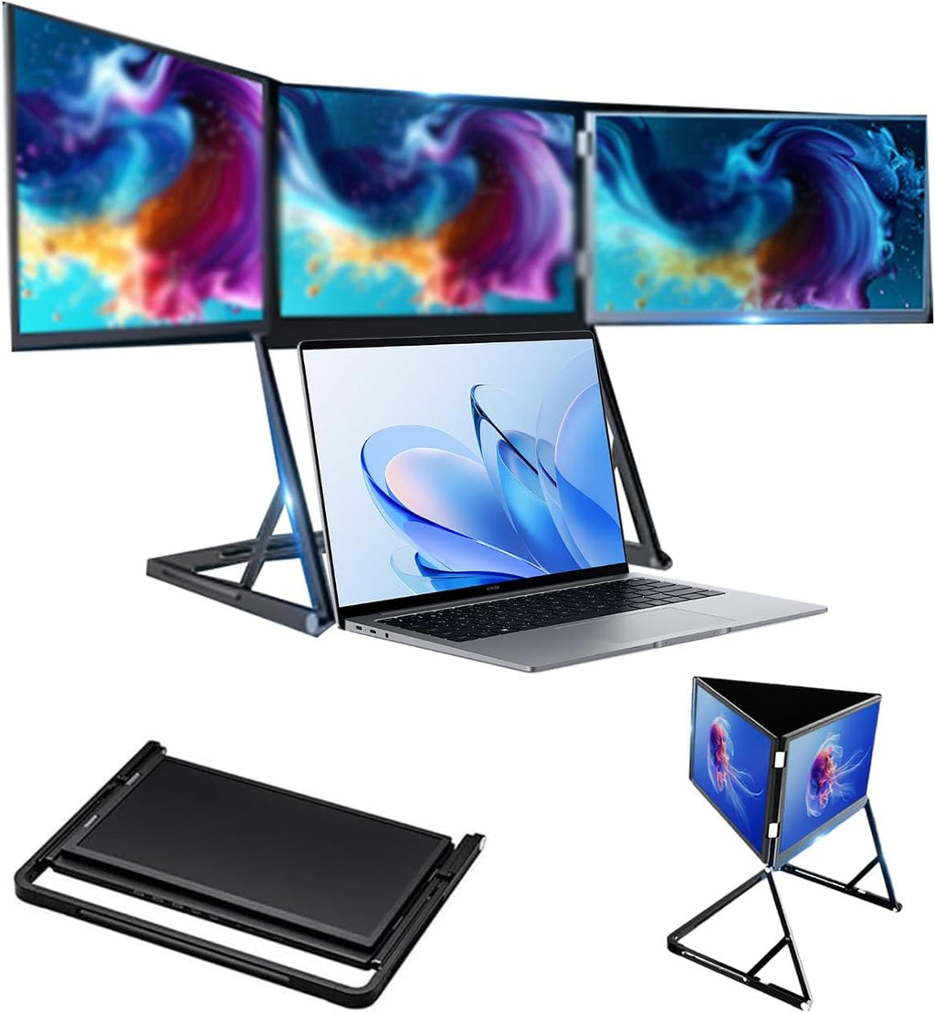 Triple 15.6 Pro Max 3 Screen Monitor, 1080p Tri Fold Monitor for Laptop Extender, Fhd Extended Laptop Screen Extenderwith 360° Rotation Adjustable Viewing Angles