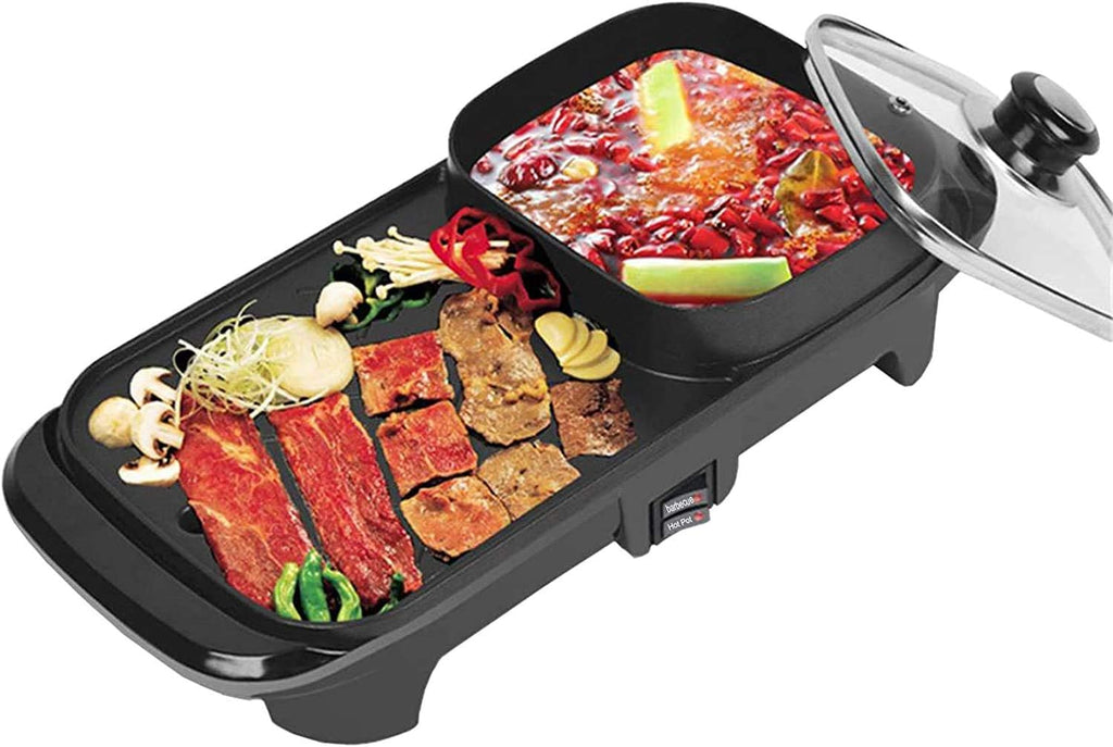 Raclette Electric Griddles 2In1 Electric Grill & Hot Pot Non-Stick Indoor Baking Flat Pan Hotpot Smokeless Grill BBQ Flat Griddle 1100W