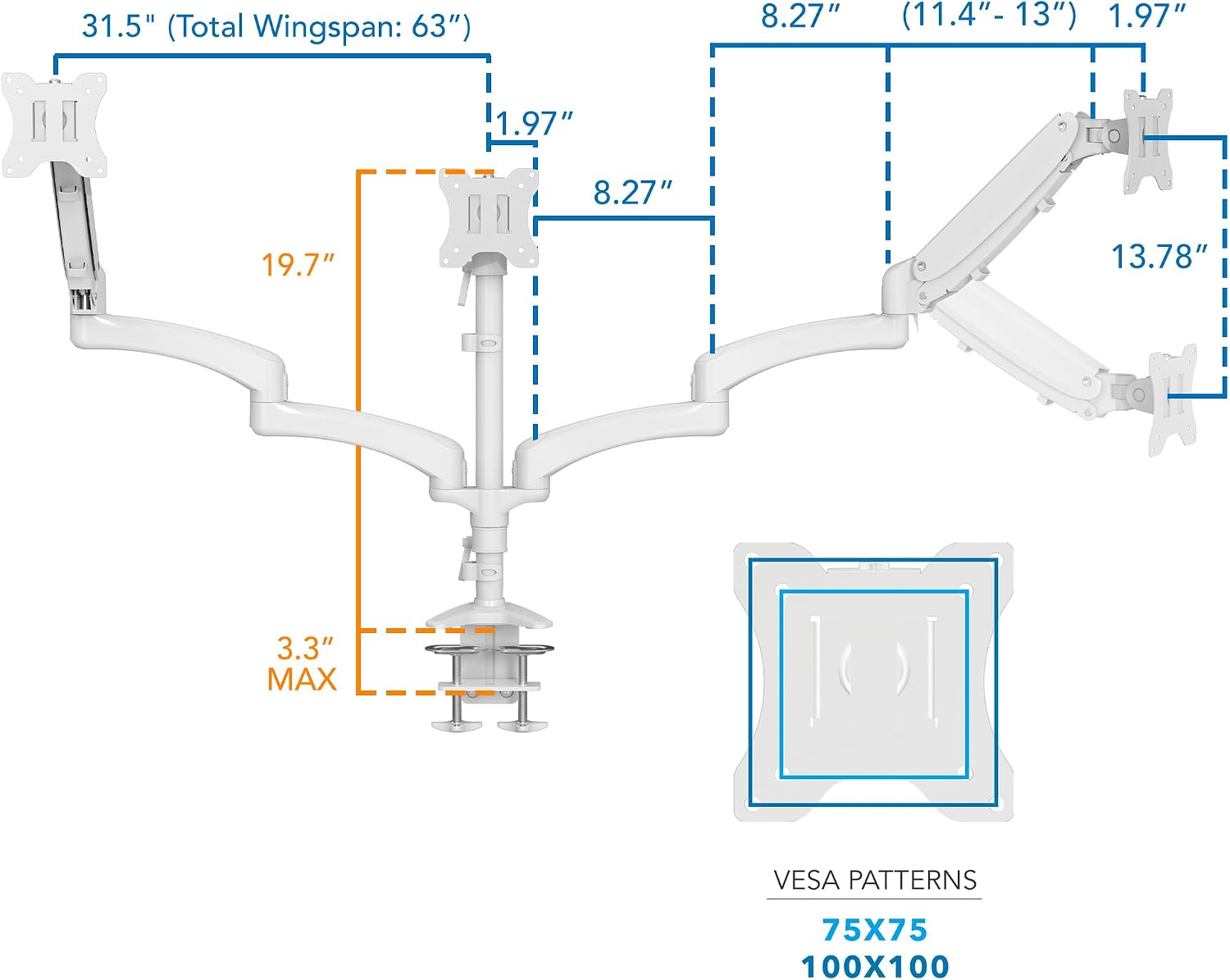 Mount-It! Triple Monitor Stand for Desk, 3 Arm Monitor Mount with Gas Spring Height Adjustment, Fits 13–32 Inch Screens up to 17.6 lbs per Arm, VESA 75x75 & 100x100, Clamp-On Desk Installation, White