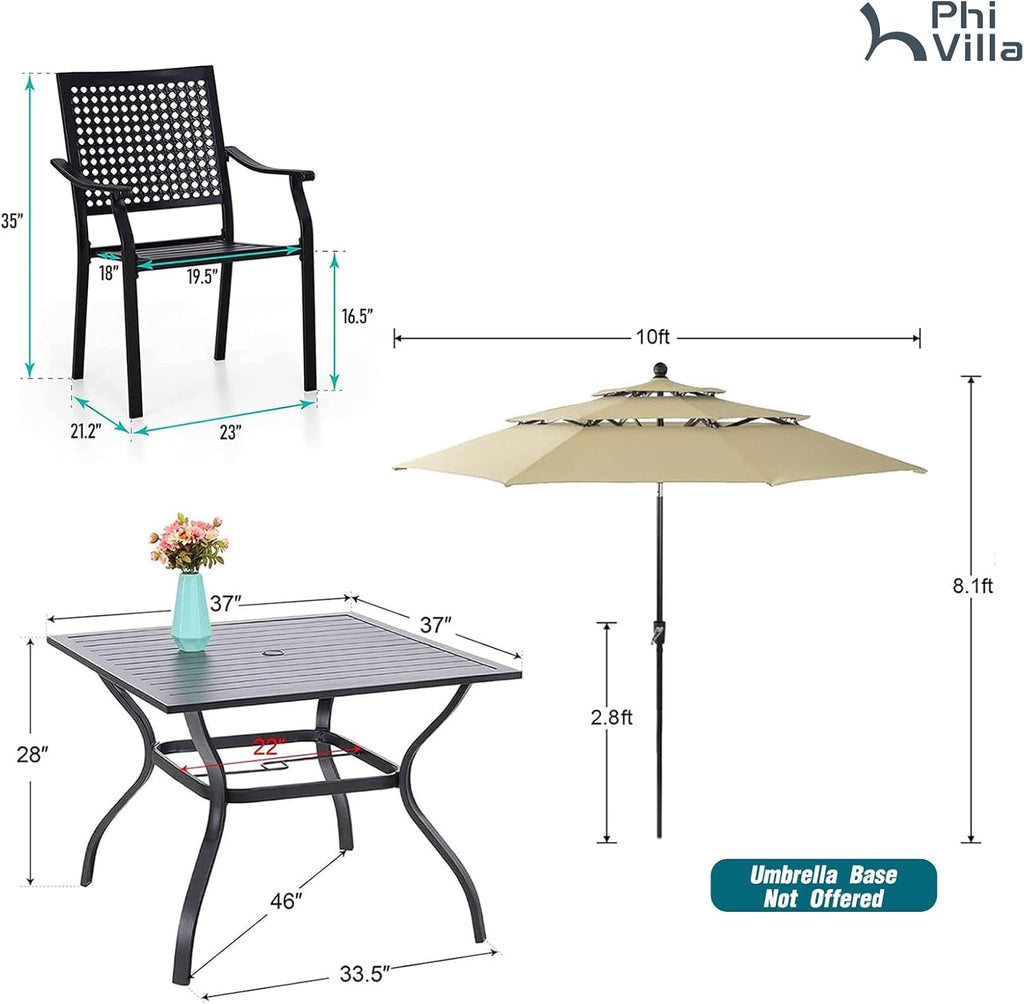 PHI VILLA 5 Pieces Outdoor Dining Set for 4 with 10ft Umbrella, 37' Metal Square Table & Stackable Wrought Iron Chair with Cushions & Beige Umbrella, Modern Furniture Set for Patio, Deck, Yard, Porch