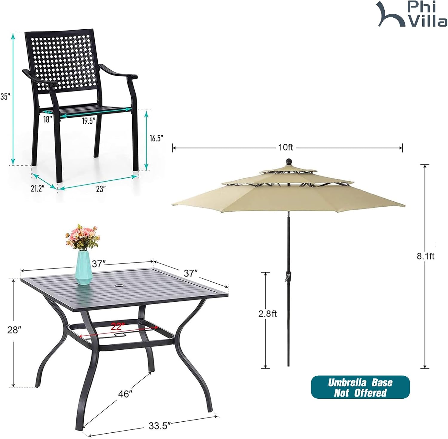 PHI VILLA 5 Pieces Outdoor Dining Set for 4 with 10ft Umbrella, 37' Metal Square Table & Stackable Wrought Iron Chair with Cushions & Beige Umbrella, Modern Furniture Set for Patio, Deck, Yard, Porch